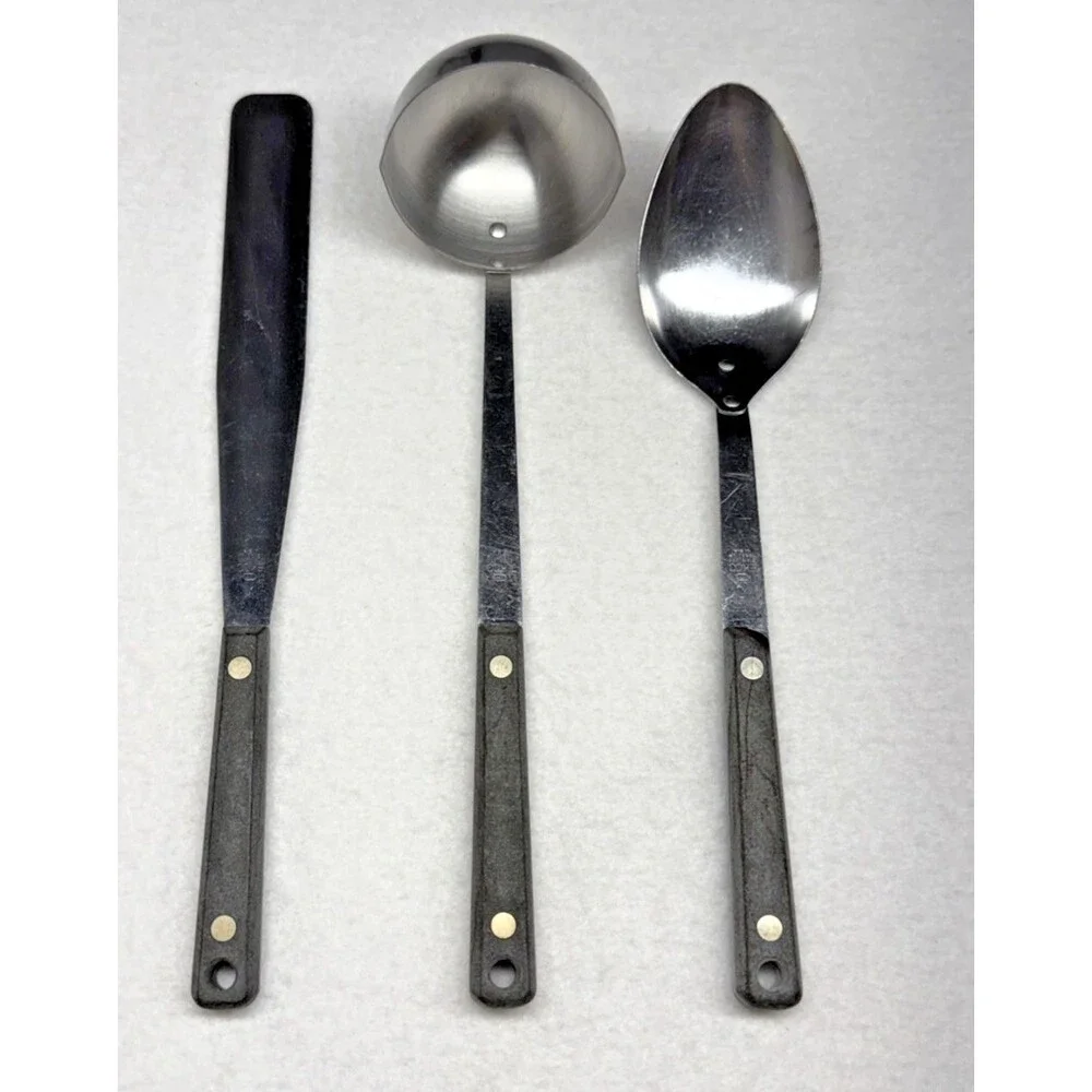 EKCO Stainless Steel Serving Set Black Handle Spoon Ladle Spreader 3 Pc Vintage